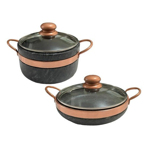 Frigideira + Panela de Pedra Sabão com tampas de vidro com pegador exclusivo