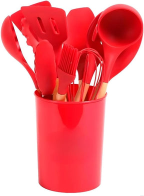 Kit Utensílios de Cozinha em Silicone e Madeira Antiaderente Branco 12 Peças