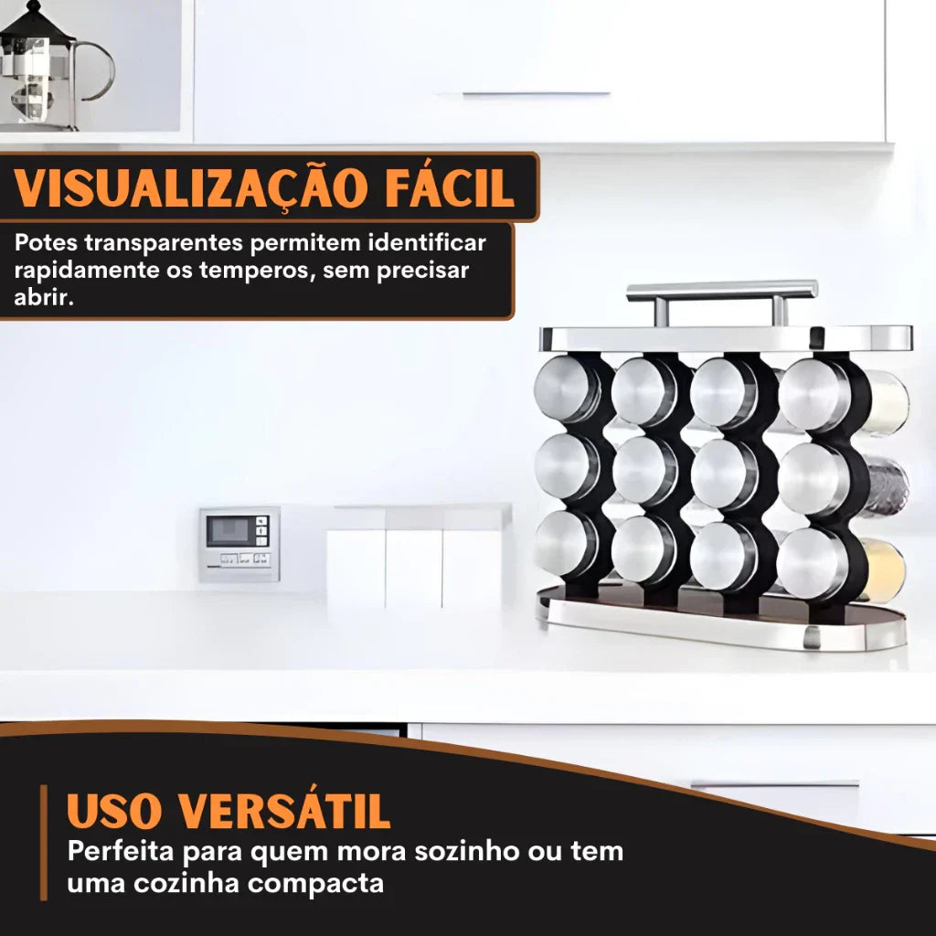 Kit 12 Potes Porta Tempero Condimento Vidro Madeira E Aço Inox