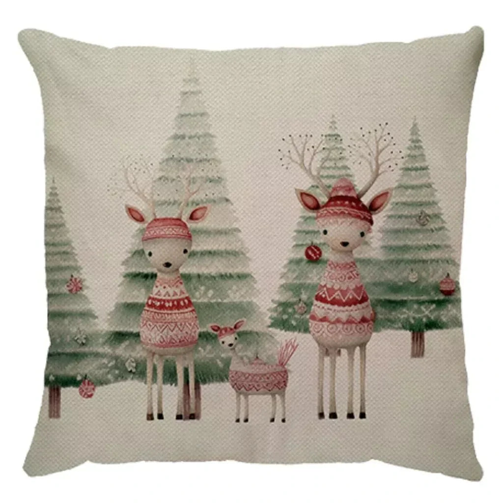 Capa de Almofada Natalina Decoração de Natal Festa Enfeite Papai Noel Renas Boneco de Neve Linho Estampado 43x43cm