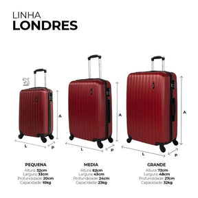 Kit mala de viagem ABS pequena 10kg, média e grande 4 rodas 360º Londres Swiss Move