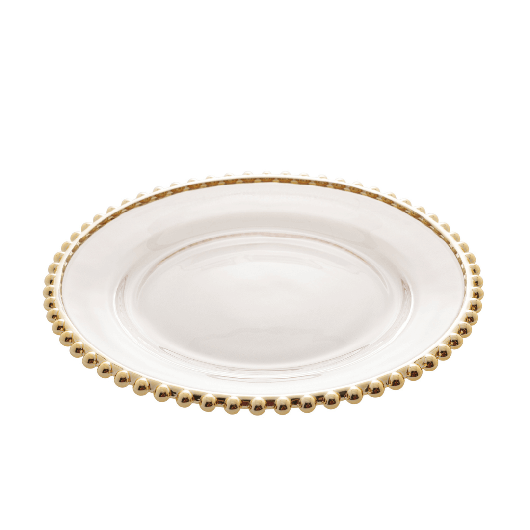 Prato Sobremesa Cristal com Borda Bolinha Dourada Pearl - 20 cm
