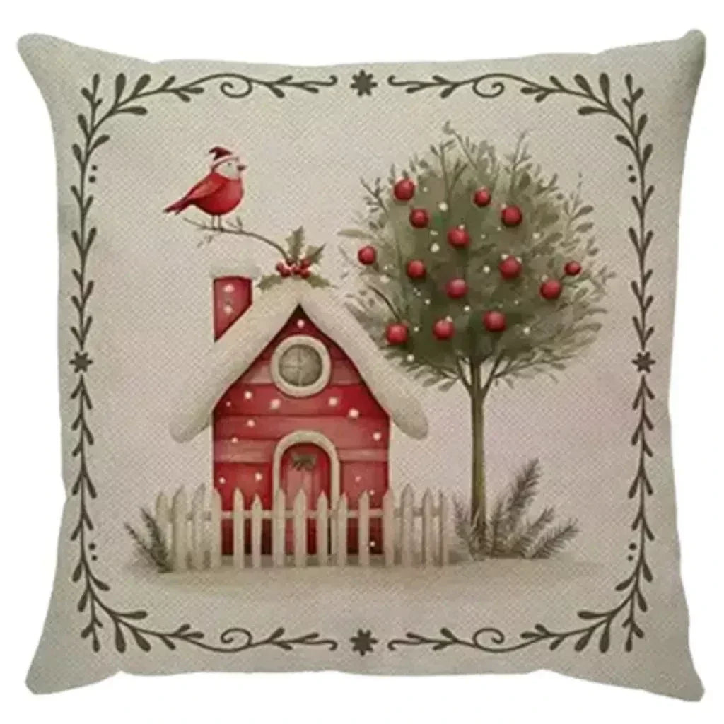 Capa de Almofada Natalina Decoração de Natal Festa Enfeite Papai Noel Renas Boneco de Neve Linho Estampado 43x43cm