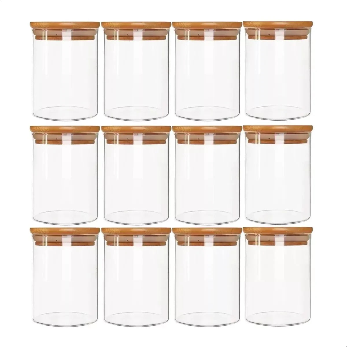 Kit De 12 Potes Herméticos Vidro Tampa Bambu 110ml