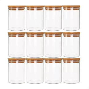 Kit De 12 Potes Herméticos Vidro Tampa Bambu 110ml