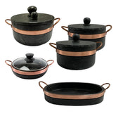 Jogo de Panelas Pedra Sabão 05 Peças - 1 Pressão 4 litros, 2 Caçarola 3 litros, frigideira 20 cm e Assadeira Grande