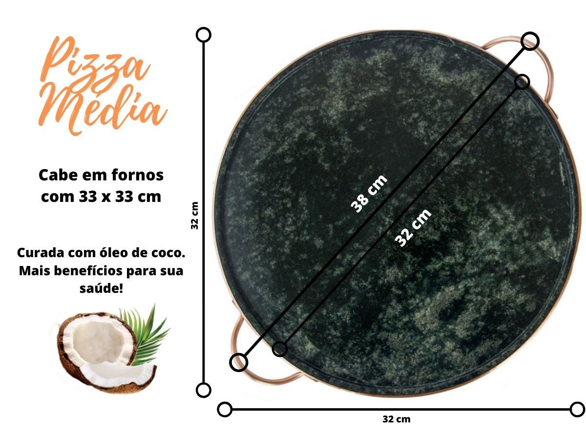 Forma de Pedra Sabão para pizza 32 cm alças de cobre curada